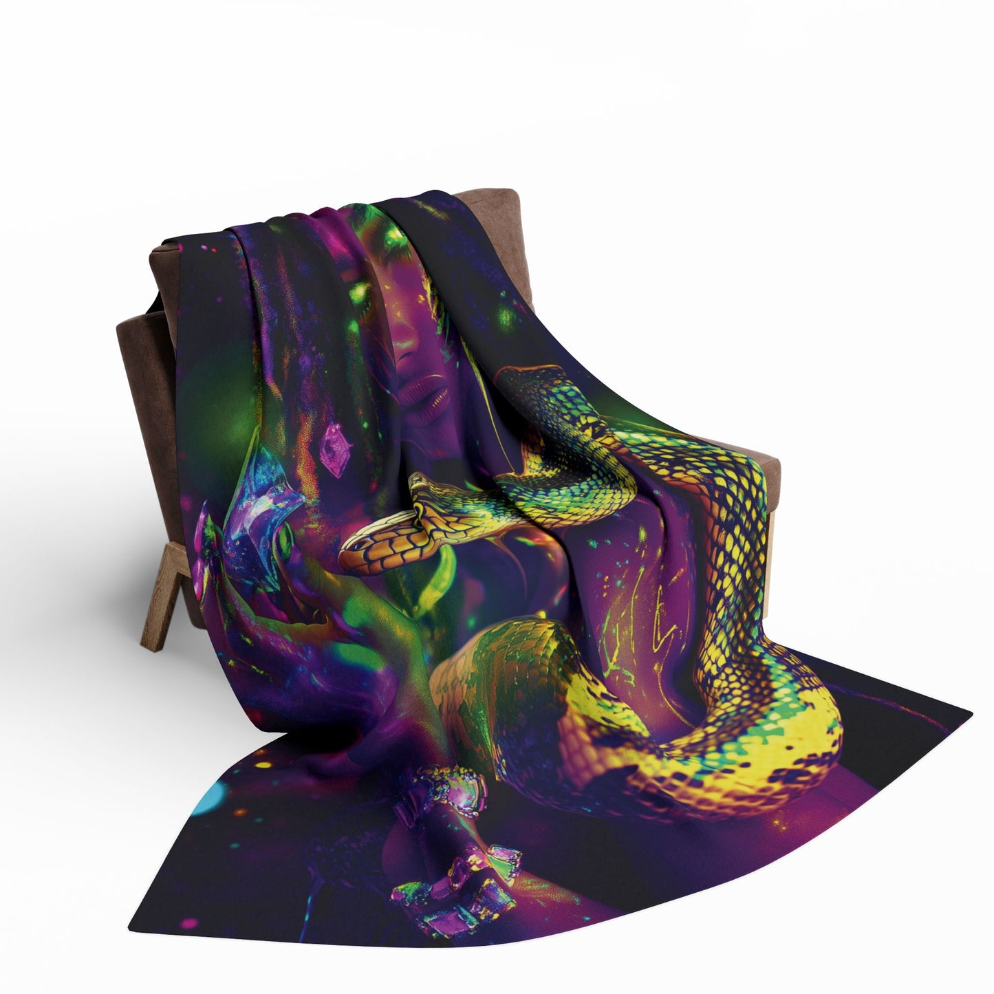 Fleece Blanket - Futuristic Medusa with Dreadlocks Holding a Metallic Gold Snake