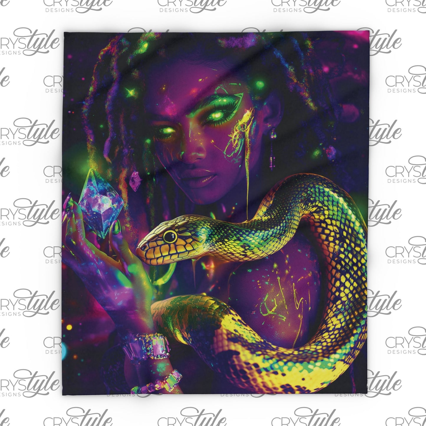 Fleece Blanket - Futuristic Medusa with Dreadlocks Holding a Metallic Gold Snake