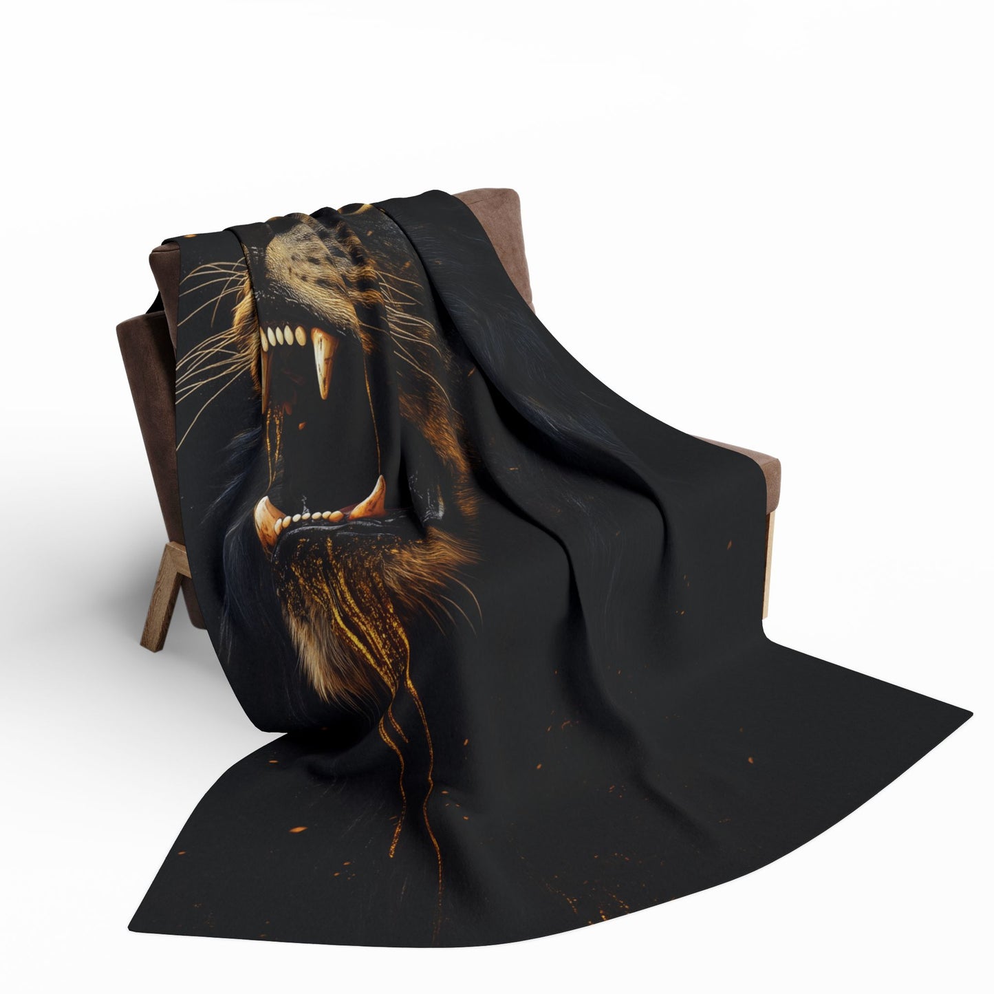 Fierce Roaring Black Lion with Dripping Gold Accents Fleece Blanket