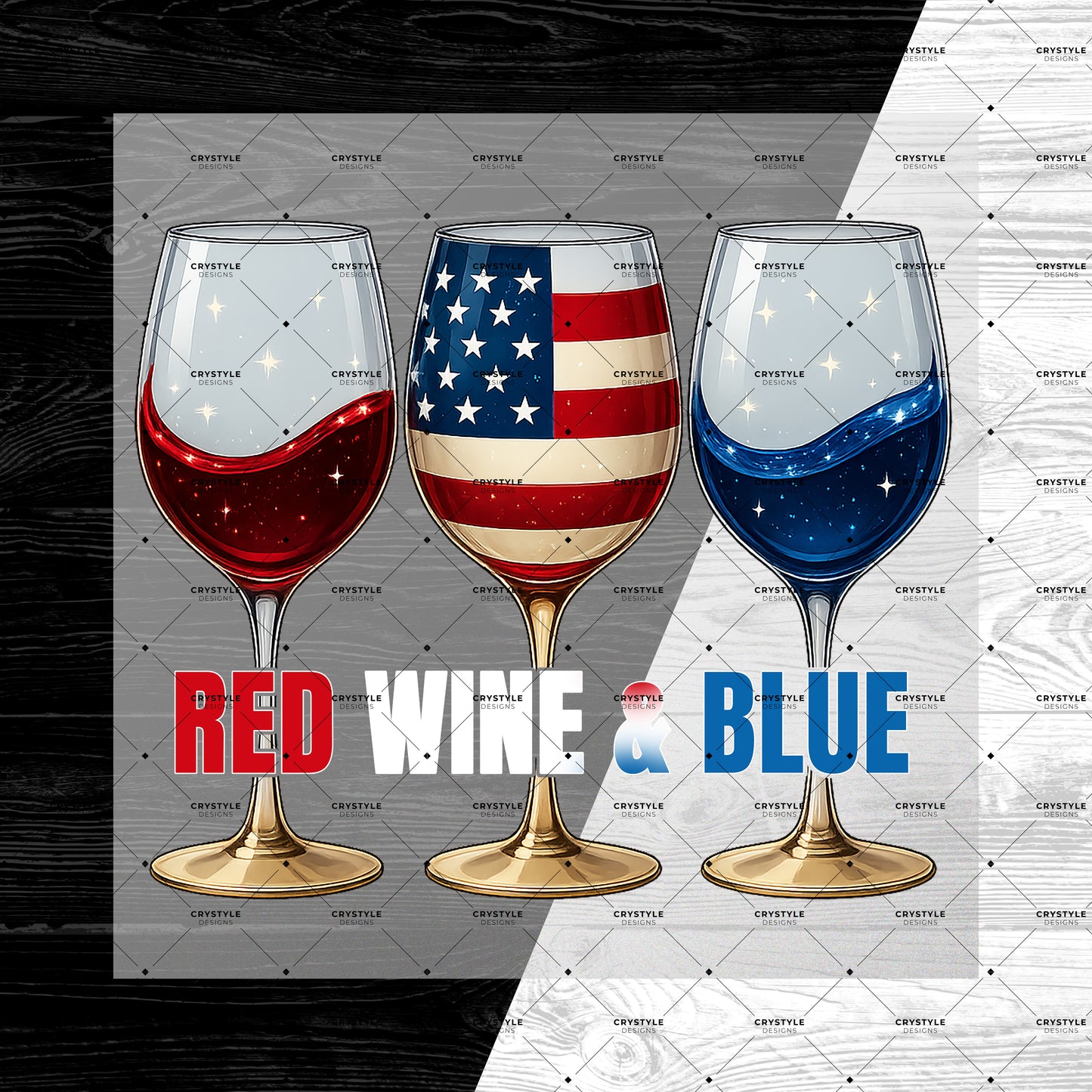 🇺🇸 Red Wine & Blue Patriotic Wine Glasses | PNG Digital Download | 12x10" | 300 DPI | Transparent Background