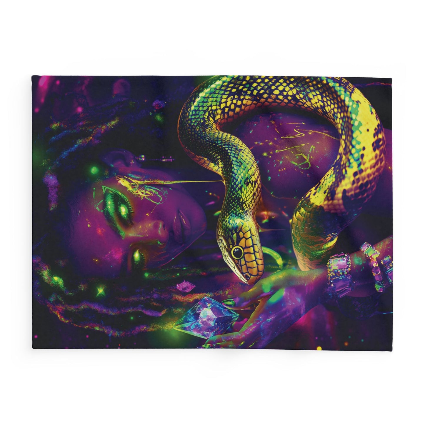 Fleece Blanket - Futuristic Medusa with Dreadlocks Holding a Metallic Gold Snake