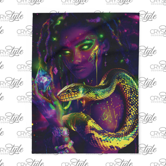 Fleece Blanket - Futuristic Medusa with Dreadlocks Holding a Metallic Gold Snake