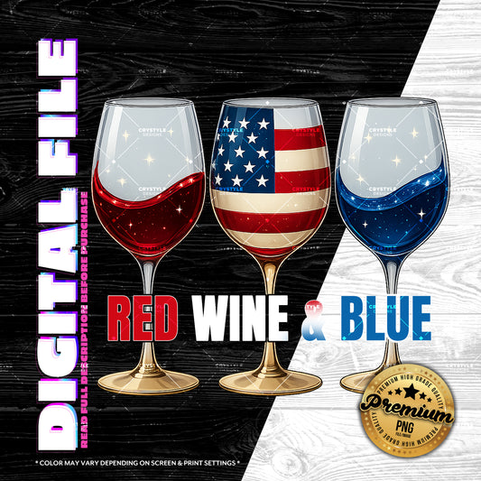 🇺🇸 Red Wine & Blue Patriotic Wine Glasses | PNG Digital Download | 12x10" | 300 DPI | Transparent Background